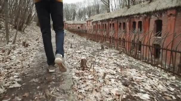 Молодой человек прогуливается по парку весной или осенью среди жёлтых листьев деревьев, рядом с заброшенной немецкой крепостью, кирпичными стенами, старым железным забором — стоковое видео