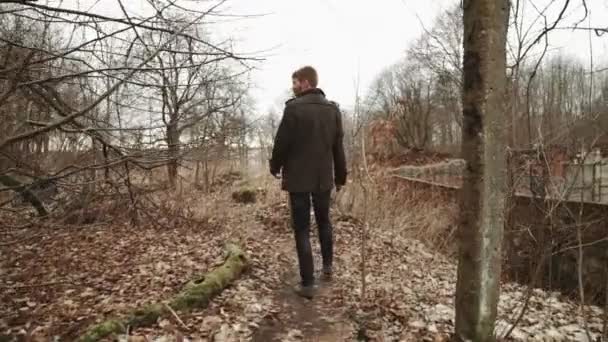 Un joven con barba, con un abrigo gris camina por el parque en los árboles de primavera u otoño hojas amarillas, junto a un fuerte alemán abandonado, paredes de ladrillo, una antigua cerca de hierro — Vídeo de stock
