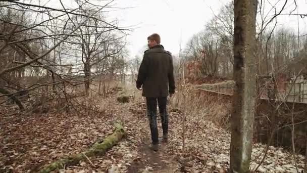 Un joven con barba, con un abrigo gris camina por el parque en los árboles de primavera u otoño hojas amarillas, junto a un fuerte alemán abandonado, paredes de ladrillo, una antigua cerca de hierro — Vídeo de stock