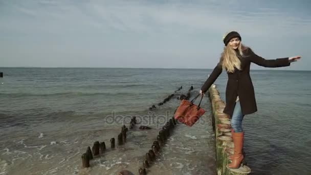 Eine Frau, die bei Sonnenuntergang auf hölzernen Buhnen am Meer steht und geht. Möwen fliegen und schwimmen auf dem Meer. — Stockvideo