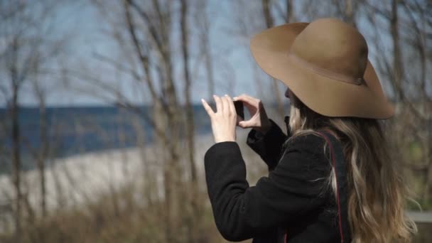 La donna sola con lo smartphone in mano guarda il mare d'inverno — Video Stock