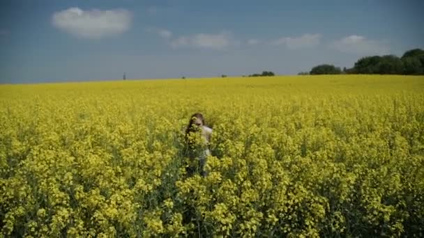 Junge Frau läuft durch gelbes Feld und berührt Blumen — Stockvideo