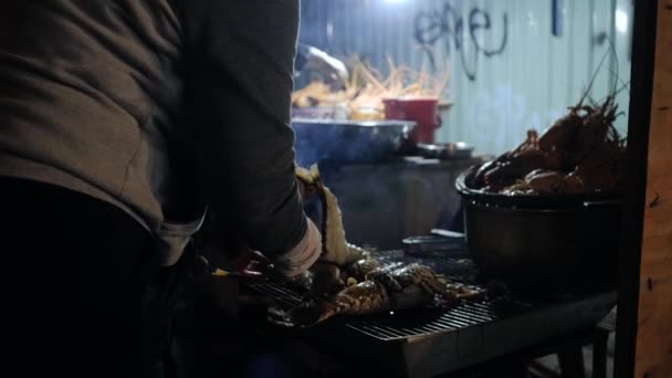 Izgara deniz ürünleri, Asya sokak yemekleri, karanlıkta ızgara ıstakoz. — Stok video