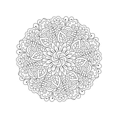 Boyama kitabı yuvarlak öğe. Siyah ve beyaz çiçek desenli. Vektör çizim.
