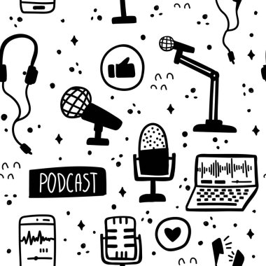 Siyah ve beyaz podcast elementleri pürüzsüz desen.