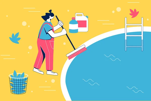 Pool maintenance concept. Woman cleaning pool with brush. — Stock Vector