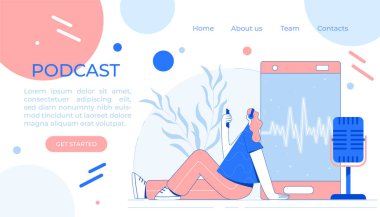 Kadın podcast yapıyor. Stüdyo mikrofon vektörü. Ev eğlencesi.