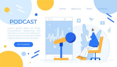 Podcastleri kaydeden adam. Stüdyo mikrofon vektör çizimi. 