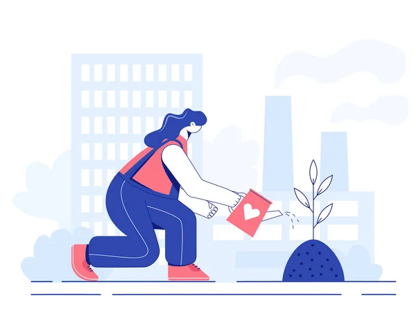 Tree planting concept. Woman is watering a seeding. — 스톡 벡터