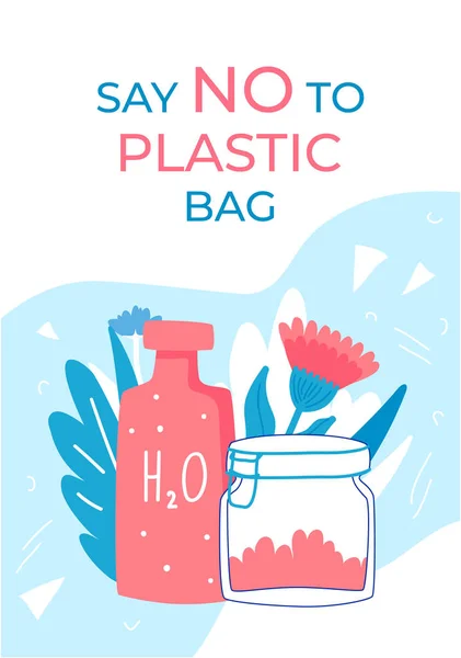 Plastik torbaya hayır de. Yeniden kullanılabilir su şişesi ve cam kavanoz.. — Stok Vektör