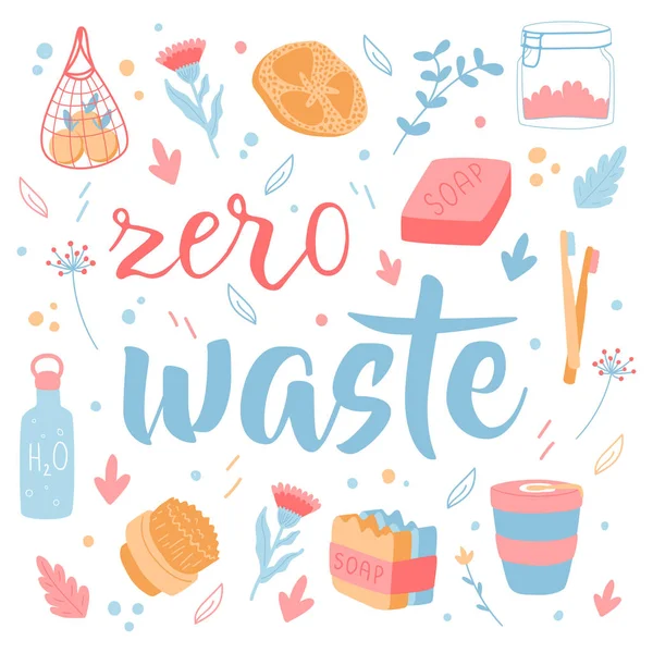 Zero waste concept. Lettering with hand drawn design elements. Household goods. — Stock Vector