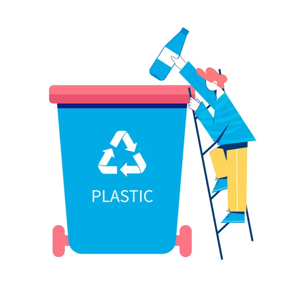 Recycling concept. Man put plastic bottle to a trash can. — Stock Vector