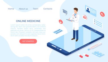Online medicine healthcare isometric illustration. Web design vector template. 
