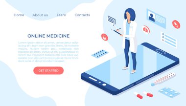 Online medicine healthcare isometric illustration. Web design vector template. 