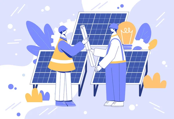 Koncept alternativního energetického inženýrství. Pracovníci se solárními panely. — Stockový vektor