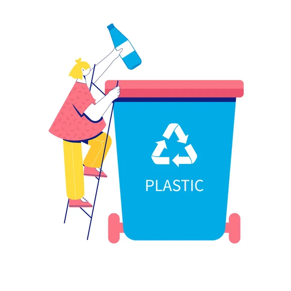 Recycling concept. Woman put plastic bottle to a trash can. — Stock Vector