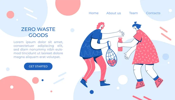 Zero waste concept. Women with string bag, textile shopper and reusable water bottle. Landing page. — Stockový vektor