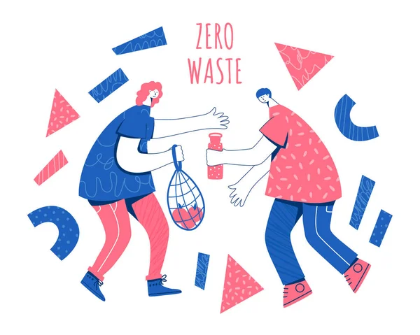 Zero waste concept. Man and woman with string bag, textile shopper and reusable water bottle. — Stok Vektör