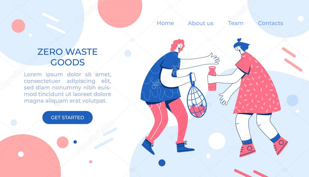 Zero waste concept. Women with string bag, textile shopper and reusable water bottle. Landing page.