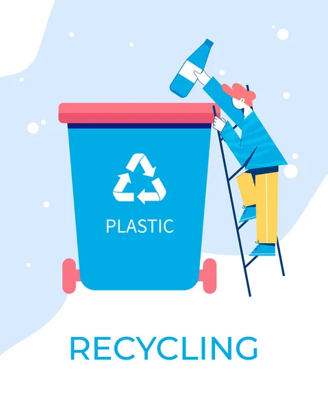 Recycling concept. Man put plastic bottle to a trash can. — Stock Vector