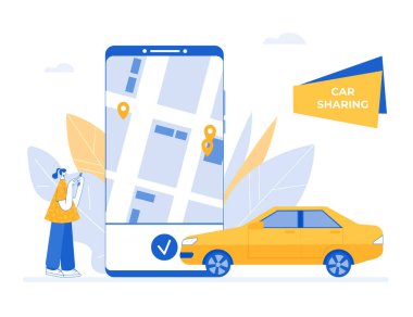 Araba paylaşım konsepti. Mobil uygulama. Vektör illüstrasyonu.