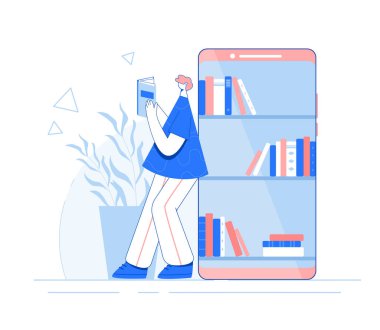 Genç adam büyük akıllı telefonun yanında duruyor ve kitap okuyor. Çevrimiçi kütüphane kavramı.