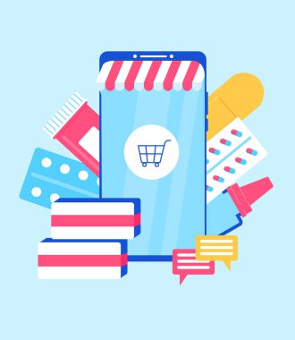 Çevrimiçi eczane kavramı. Düz biçim.