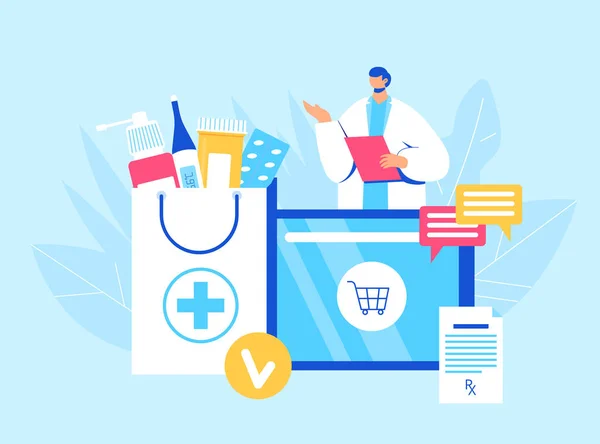 Online apotheek concept. Apotheker helpt bij het ophalen van een bestelling op de site. — Stockvector