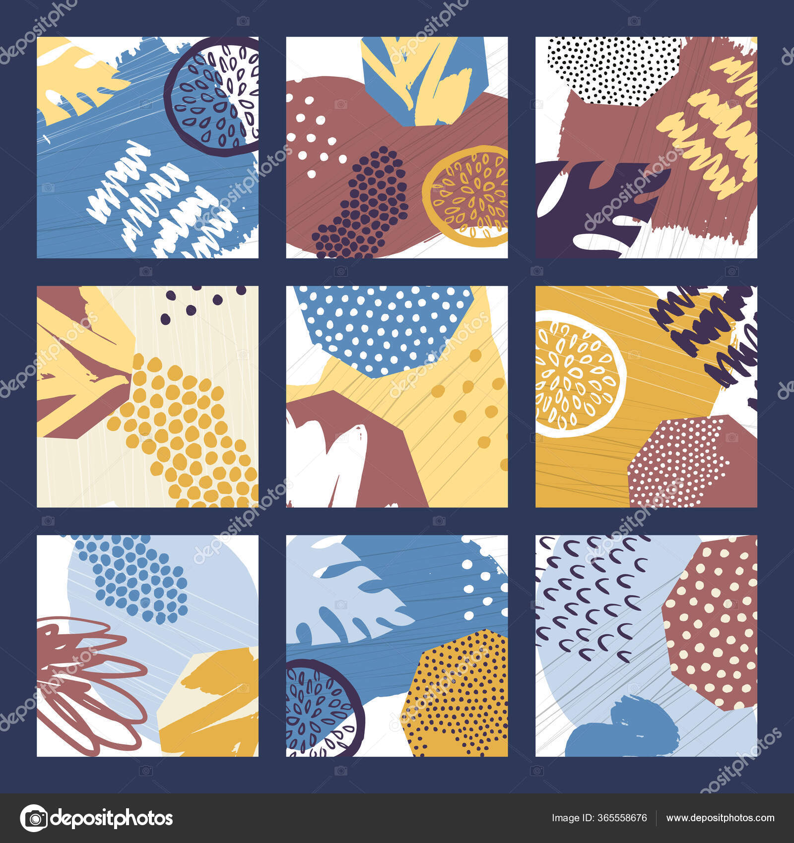 Abstract colourful collage backgrounds set. Hand drawn templates for