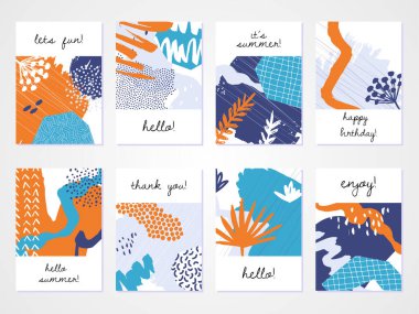 Soyut renkli kolaj özgeçmişi ayarlandı. Kart, broşür ve davetiye tasarımı için el çizimi şablonlar.