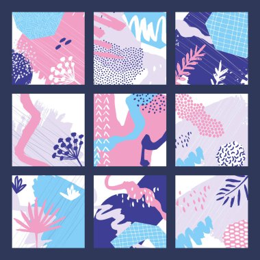 Soyut renkli kolaj özgeçmişi ayarlandı. Kart, broşür ve davetiye tasarımı için el çizimi şablonlar.