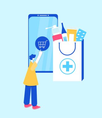 Çevrimiçi eczane kavramı. Adam akıllı telefon kullanarak eczaneden sipariş veriyor..