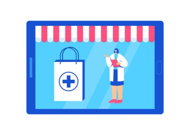 Çevrimiçi eczane kavramı. Eczacı siteden sipariş almaya yardım ediyor..