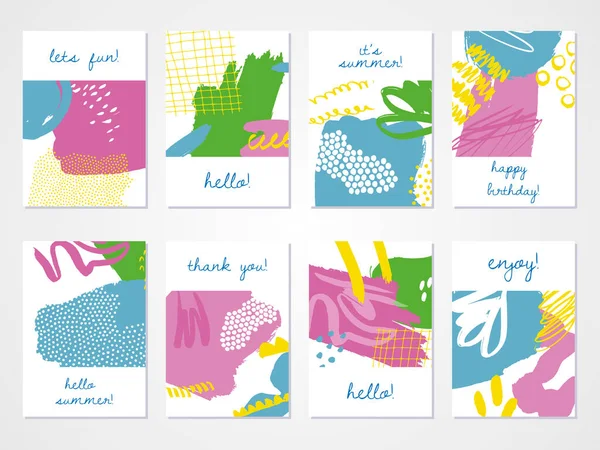 Soyut renkli kolaj özgeçmişi ayarlandı. Kart, broşür ve davetiye tasarımı için el çizimi şablonlar.