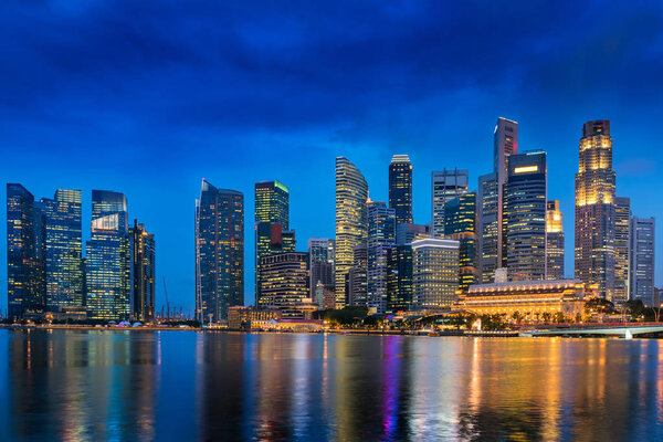 Colorful lights of urban city and business downtown of Singapore., Cityscape, Blue hour