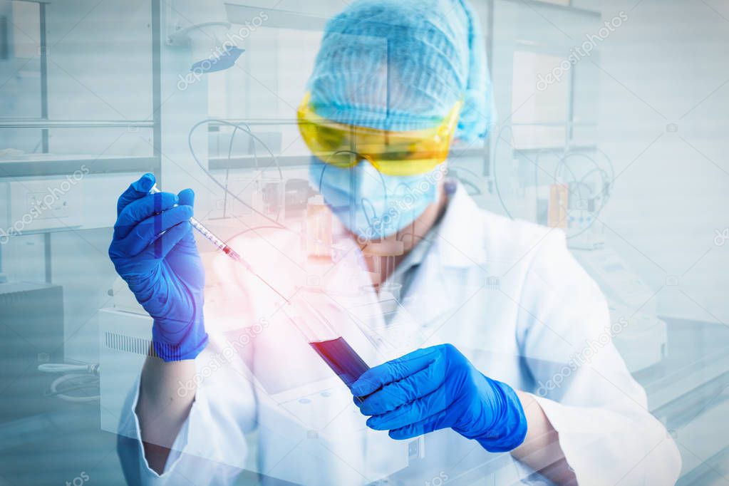 Double exposure of Medical laboratory scientist and lab test in Laboratory room.
