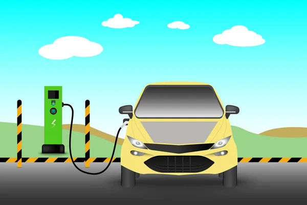 Voiture électrique et borne de recharge., Technologie EV, Auto — Image vectorielle