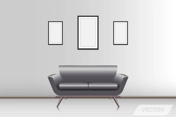 Ρεαλιστική μοντέρνο καναπέ στο σαλόνι, διάνυσμα, εικονογράφηση — Διανυσματικό Αρχείο