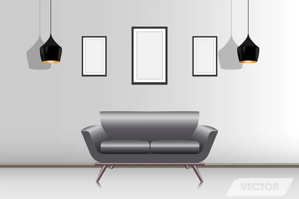 Canapé moderne réaliste dans le salon, Vecteur, Illustration — Image vectorielle