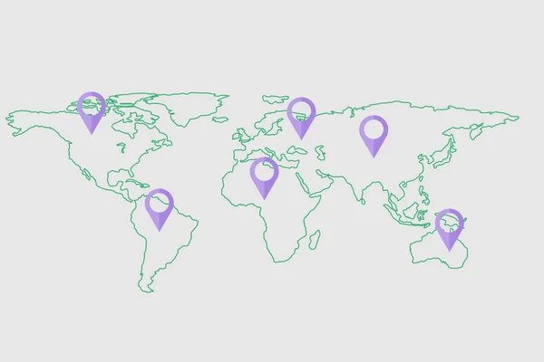 Weltkarte Check-in und Pin-Häkchen, Vektor, Illustration — Stockvektor