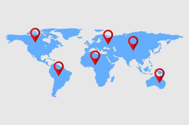 Dünya Haritası check-in ve mark, vektör, illüstrasyon kontrol pin