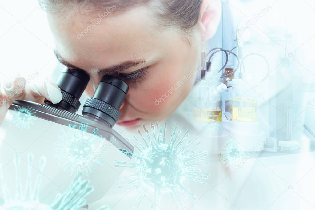 Medical Scientist Researcher Using Microscope in Laboratory,  Medicine Specialist Studying and Experiment Anti Virus Pharmaceutical With Microscopic. Lab Research and Technology Health Care Concept.