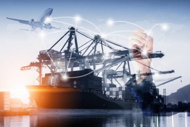 Denizcilik Nakliyat / İhracat Ağı, İş Lojistik Endüstrisi ve Küresel Konteynır Nakliyat Ticareti. Uluslararası Kargo Gemileri Ticari Ticaret Lojistiği Taşımacılığı