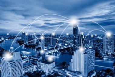 Technology Network Connect ve Intelligence Smart City, Communication 5G Networking for Global Business Futuristic. Dijital Büyük Veri Bağlantısı Via Teknoloji Telekomünikasyon 5G, Topluluk Bağlantısı.