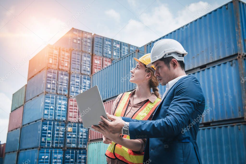 Business Team Container Cargo Shipping Control Inspection Loading Dock and Management Import/Export Freight at Port Ship Yard. Manager and Foreman Teamwork Inspecting Containers Shipment Warehouse.