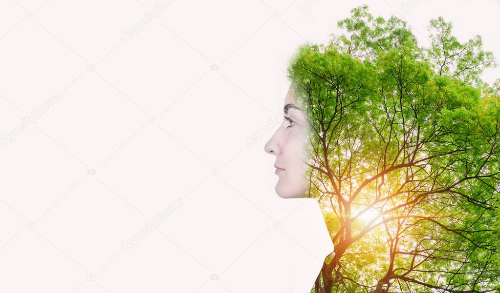 Double Exposure of Nature Tree and Woman Portrait, Natural Body Skin Care for Beauty Face Concept. Creative Idea Nature Ecology and Eco Care for The People, Abstract Beauty Conceptual 