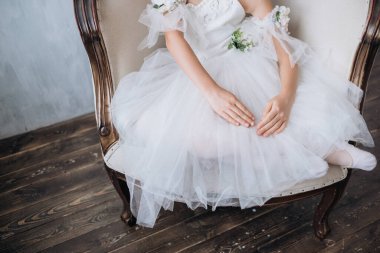 Bale dansçılarının ayakları stüdyoda. Genç dansçı, bale ayakkabısı giyer. Zarafet ve denge konsepti üst yatay görünüm telif uzayı.