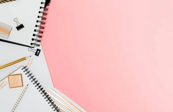 Mockup Planner Flat Lay Top Horizontal View Pink Background Notepad — Stock Photo, Image