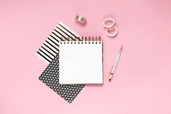 Notepad Notebooks Stationery Golden White Pink Black Stationery Back School — Stock Photo, Image