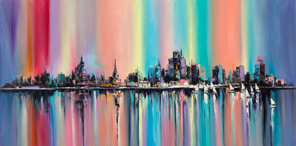 Rainbow city, original oil painting